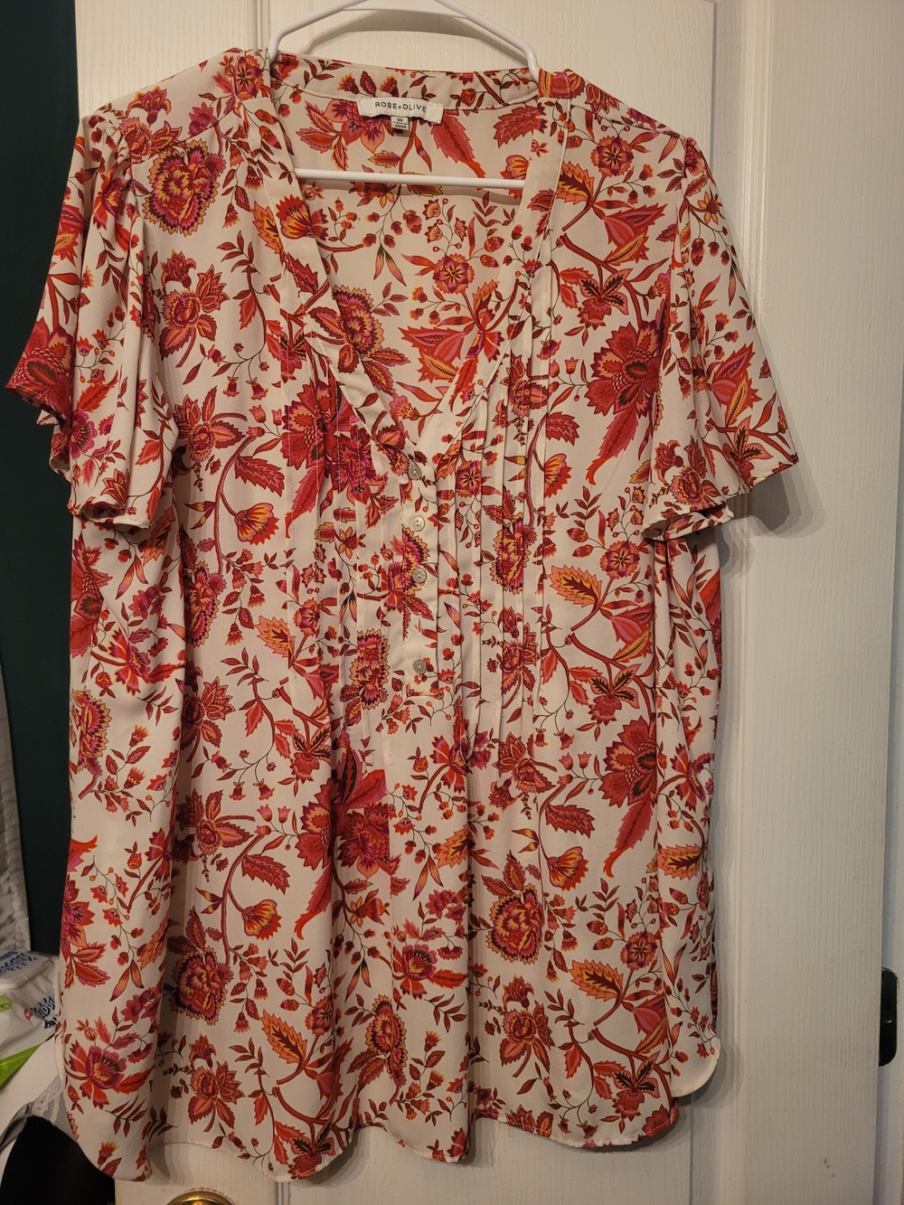 Rose & Olive Floral V-Neck Blouse in Cream, Pink and Red-Orange